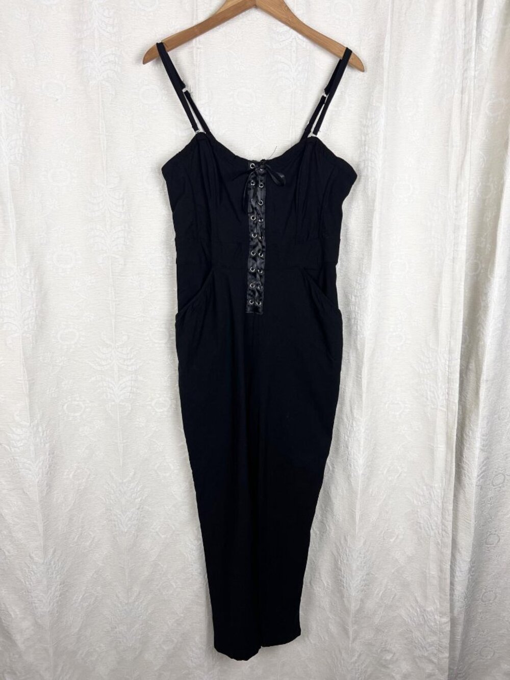 Unique Vintage corset-style black jumpsuit stretch cropped retro pinup vamp L - Picture 2 of 10